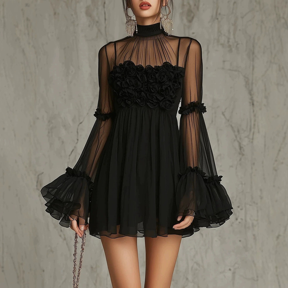 ZARA French 3D Rose Mesh High Neck Sheer Flared Dress